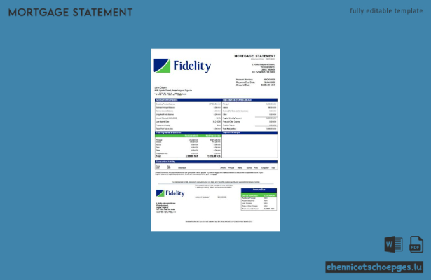 Beispiel eines Hypothekenauszugs der Fidelity Bank (Nigeria) als Word- und PDF-Datei (Vorschau)